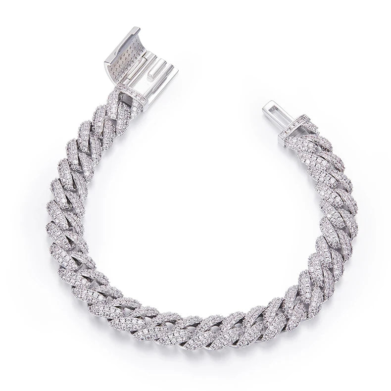Iced Out Prong Cuban Link Bracelet VVS Moissanite 925 Sterling Silver Hip Hop Chain