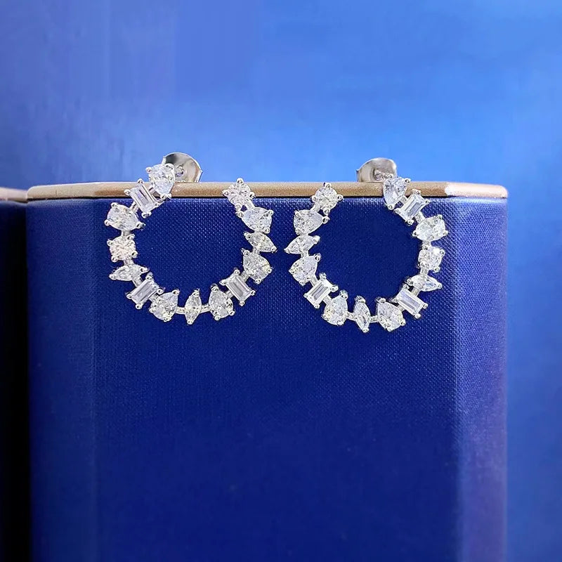 Elegant Multi-Cut Moissanite Crescent Hoop Earrings | 925 Sterling Silver Geometric Open Studs