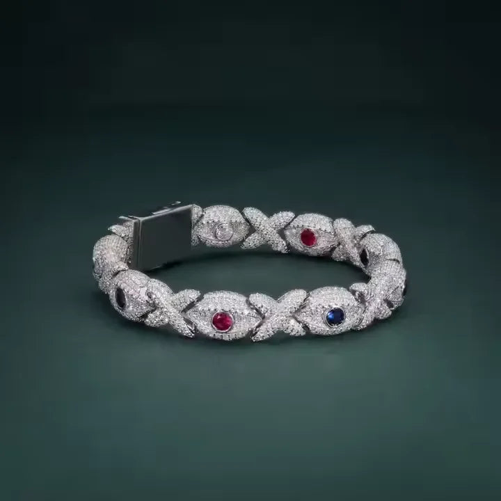 VVS Moissanite XO Multi-Color Gemstone Bracelet 925 Sterling Silver Iced Out Hugs and Kisses Hip Hop Link Wristwear