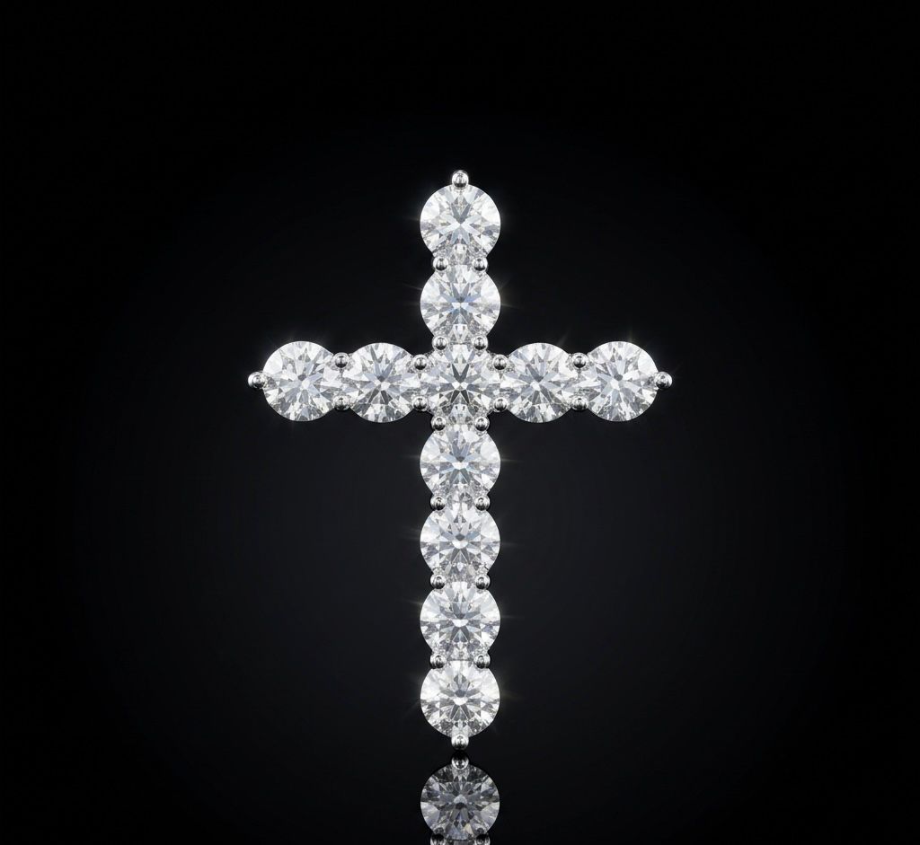 Single Row Round Cut Tennis Cross Pendant VVS Moissanite 925 Silver