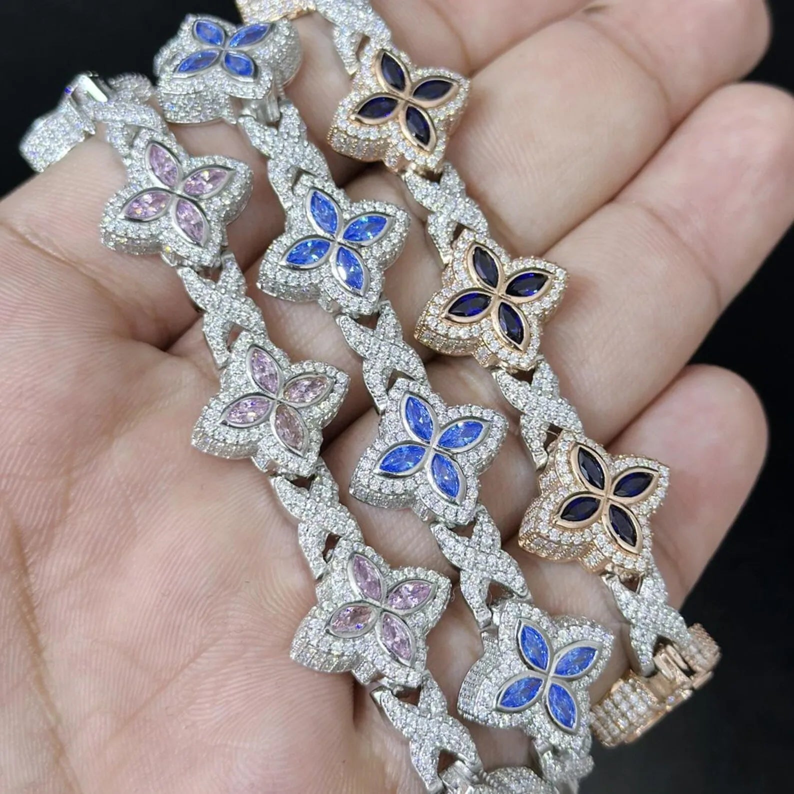 Blue Clover Flower Moissanite Bracelet Iced Out 925 Sterling Silver Link