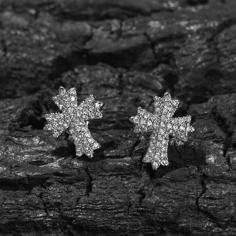 Iced Out Curved Cross Stud Earrings 14K White Gold Lab Grown Diamonds Hip Hop Micro Pave Clusters