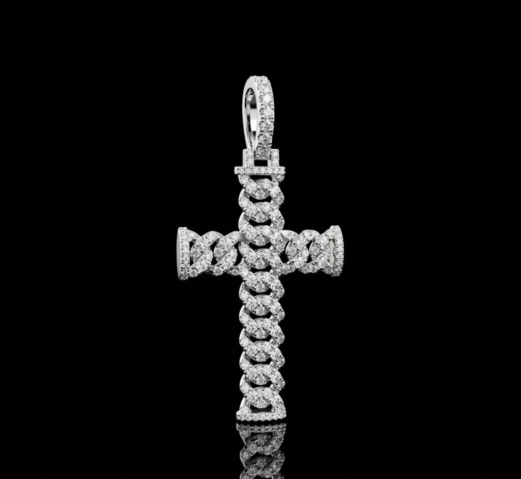 Iced Out Cuban Link Cross Pendant VVS Moissanite 925 Sterling Silver