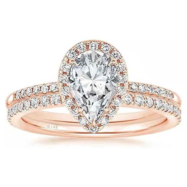 Timeless Pear-Cut Moissanite Halo Bridal Set | 925 Sterling Silver Pavé Ring with Matching Band