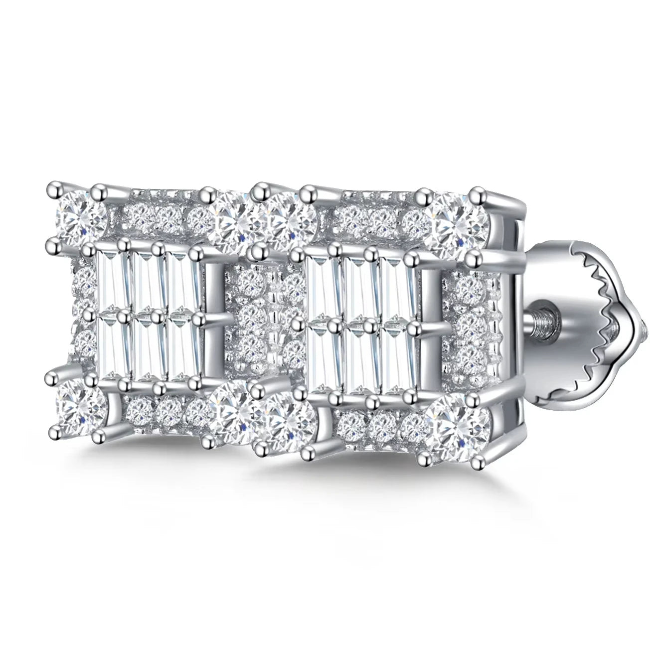 Luxurious Iced-Out Rectangular Baguette Moissanite Stud Earrings | 925 Sterling Silver Hip-Hop Bar Screw-Back Earrings