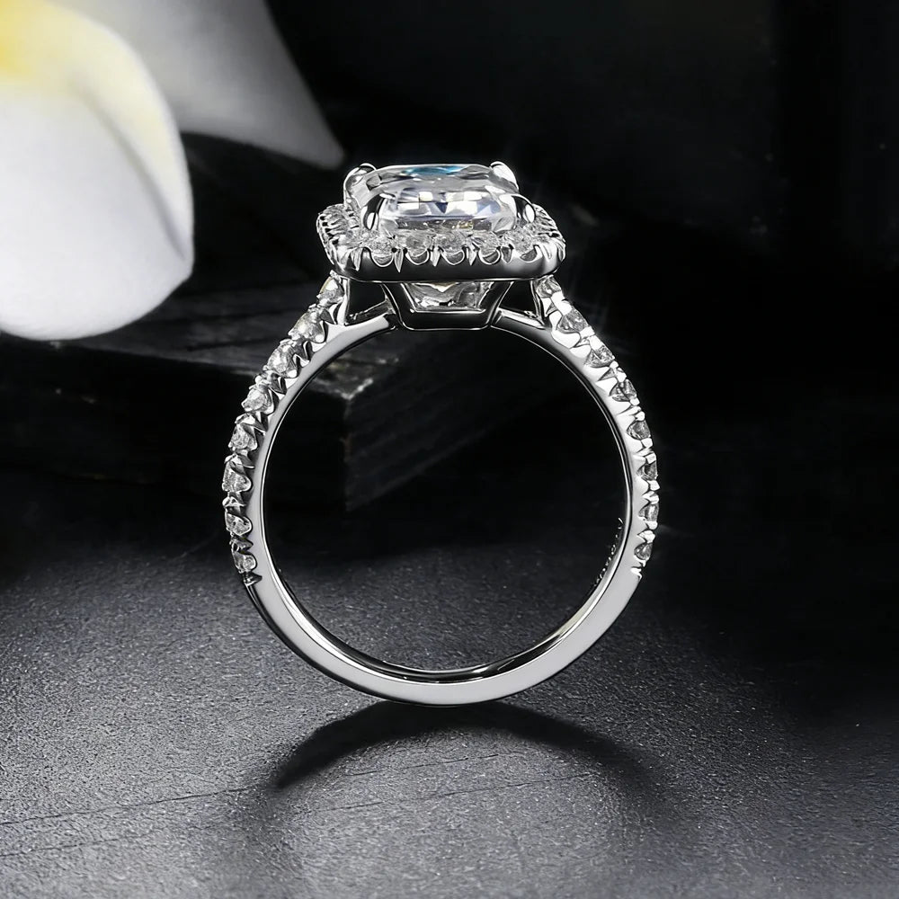 Premium Emerald-Cut Moissanite Halo Engagement Ring | 925 Sterling Silver Elegant Bridal Band