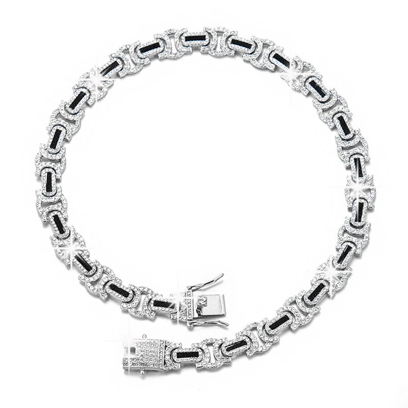 Iced Out Byzantine Link Chain Necklace VVS Moissanite 925 Sterling Silver Black Accents