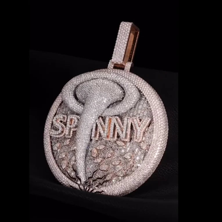 Solid 925 Sterling Silver Iced-Out VVS Moissanite Spinning Medallion Pendant | Custom Text Tornado Hip-Hop Charm