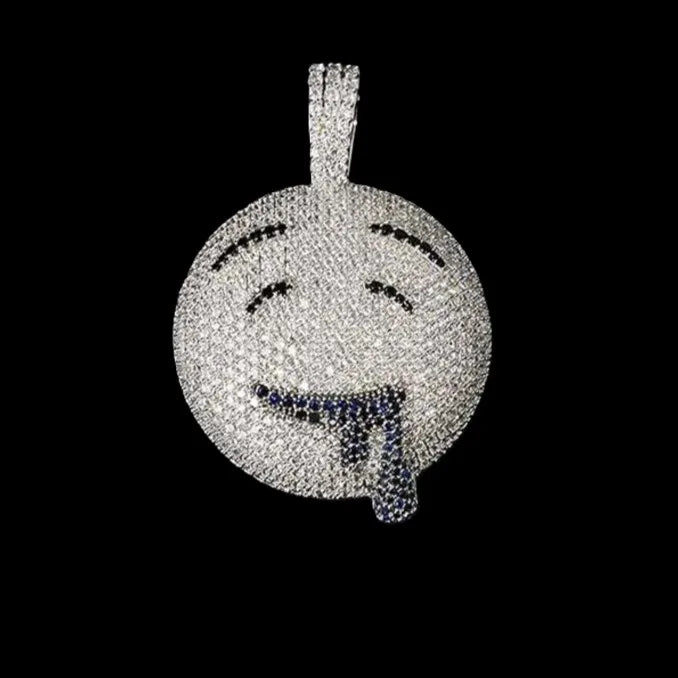 Solid 925 Sterling Silver Iced-Out VVS Moissanite Drooling Emoji Pendant | Ice-Flooded Blue Drip Streetwear Charm