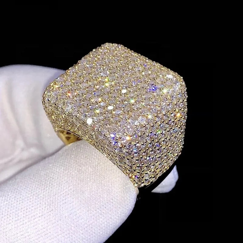 VVS Moissanite Iced Out Square Ring 925 Sterling Silver Flooded Pave Statement Band