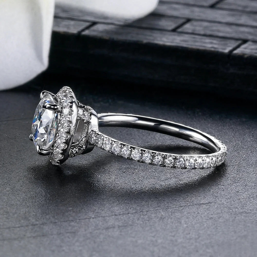 Luxurious Cushion-Cut Moissanite Halo Engagement Ring | 925 Sterling Silver Pavé Bridal Band