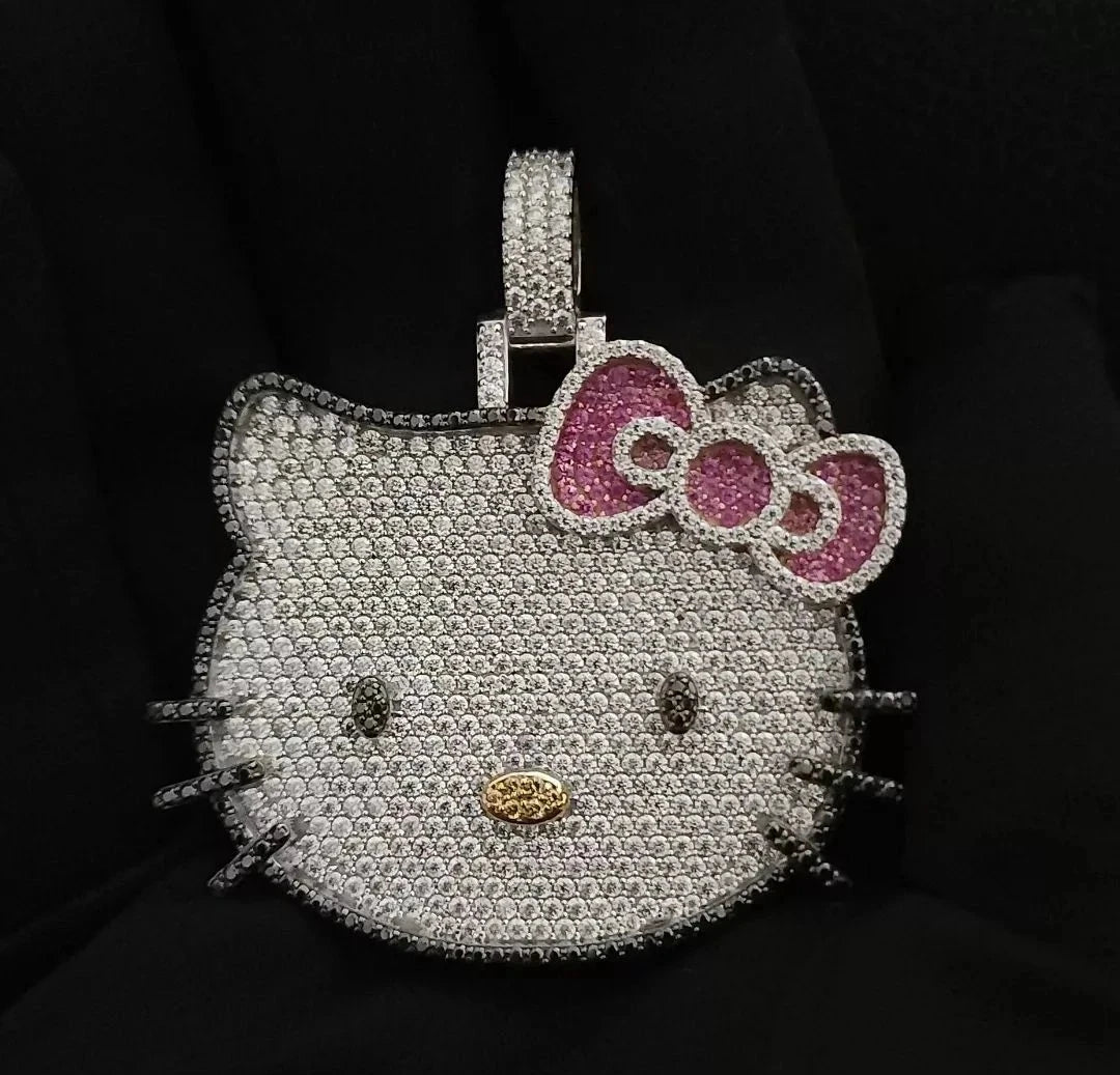 925 Sterling Silver Iced-Out VVS Moissanite Cartoon Cat Pendant | Colorful Hip-Hop Bow Charm