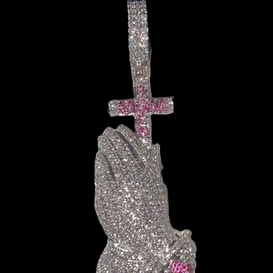Solid 925 Sterling Silver Iced-Out VVS Moissanite Praying Hands Pendant | Pink Accent Hip-Hop Cross Charm