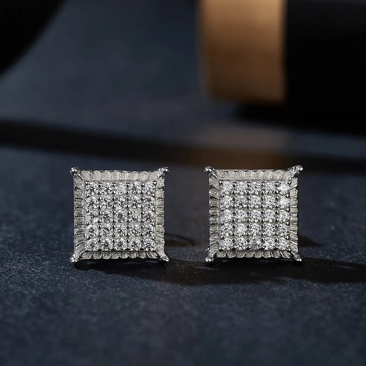 Iced Out Square Cluster Stud Earrings 14K White Gold Lab Grown Diamonds Hip Hop Screw Back