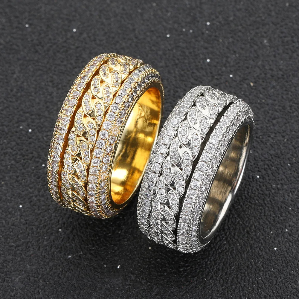 VVS Moissanite Spinner Ring 925 Sterling Silver Yellow Vermeil Iced Out Cuban Link Band