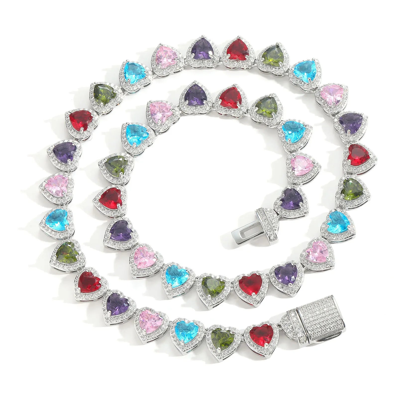 Solid 925 Sterling Silver Iced-Out VVS Lab-Grown Multicolor Heart Tennis Chain | Vibrant Hip-Hop Candy Drip Link Layout