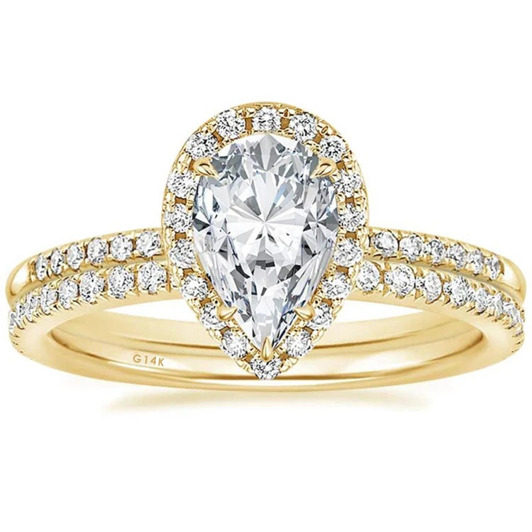 Timeless Pear-Cut Moissanite Halo Bridal Set | 925 Sterling Silver Pavé Ring with Matching Band