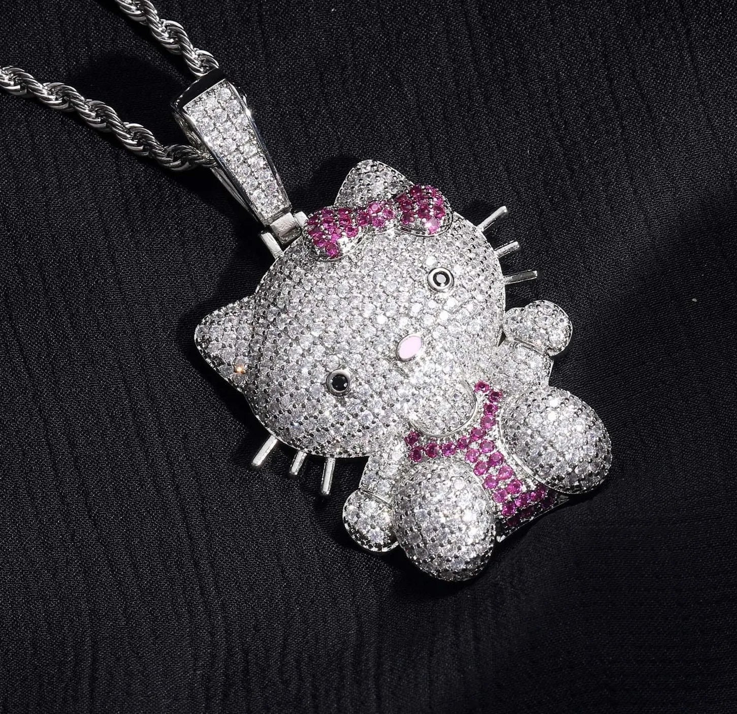 925 Sterling Silver Iced-Out VVS Moissanite Cartoon Cat Pendant | Colorful Hip-Hop Full Body Bow Charm