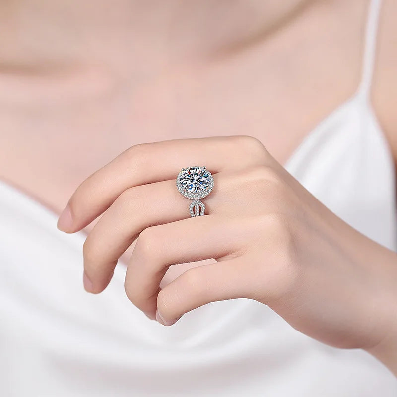 Luxurious Halo Moissanite Engagement Ring | 925 Sterling Silver Pavé Bridal Band