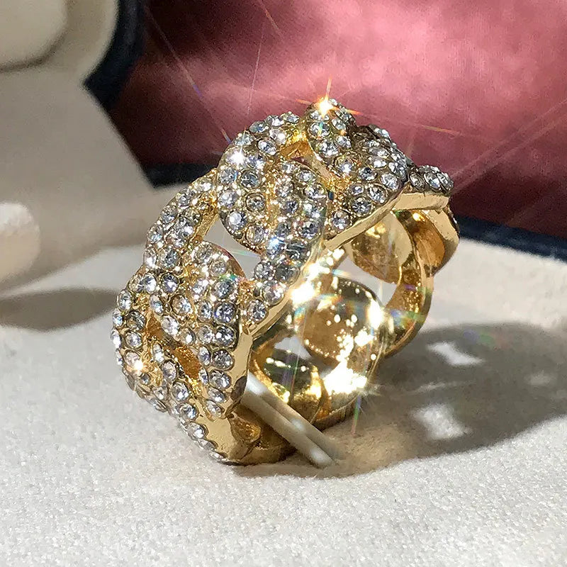 VVS Moissanite Cuban Link Ring 925 Sterling Silver Vermeil Iced Out Heavy Statement Band