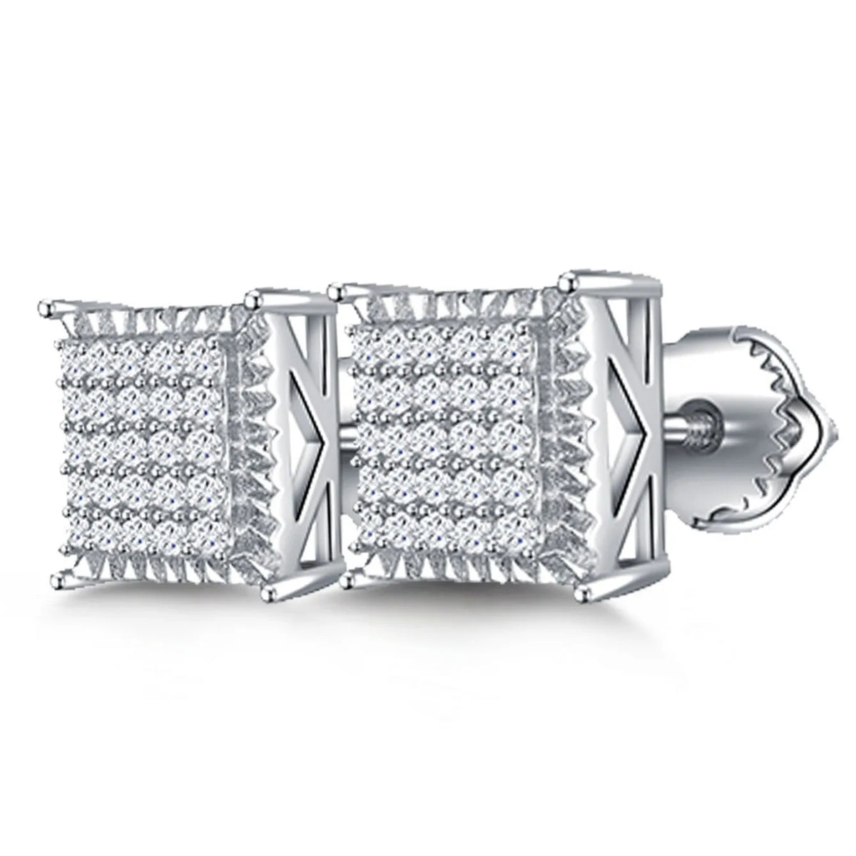 Iced Out Square Cluster Stud Earrings 14K White Gold Lab Grown Diamonds Hip Hop Screw Back