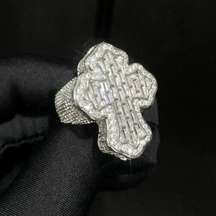 VVS Moissanite Cross Ring 925 Sterling Silver Iced Out Baguette & Round Cut Statement Band