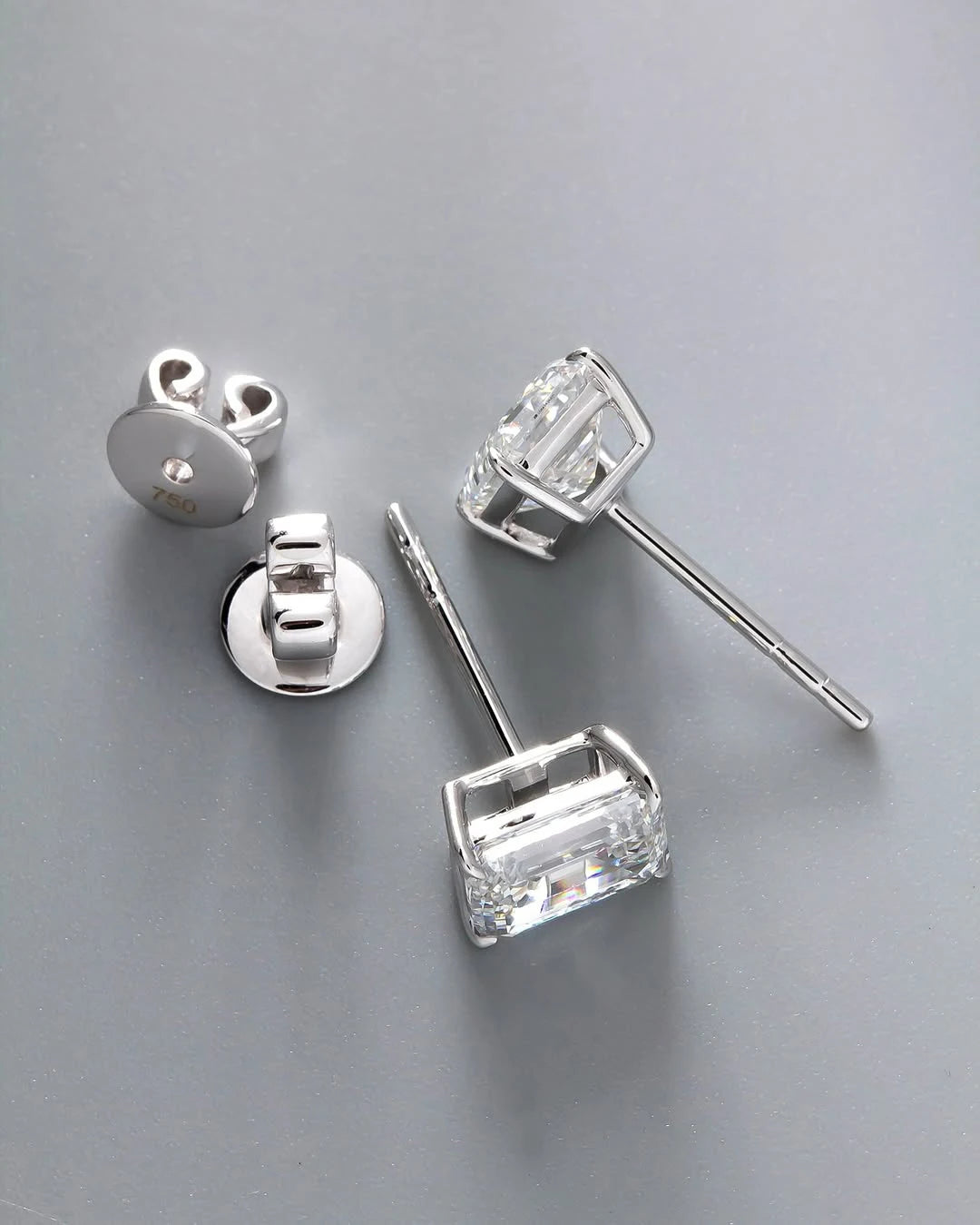 Emerald Cut Lab Grown Diamond Stud Earrings 14K White Gold Solitaire Studs Unisex
