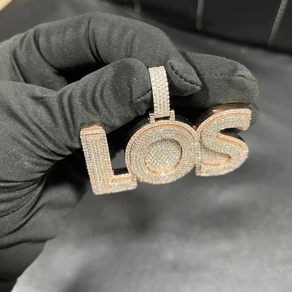 925 Sterling Silver Rose-Gold Tone Iced-Out VVS Moissanite LOS Custom Letter Pendant | Block Nameplate Hip-Hop Charm