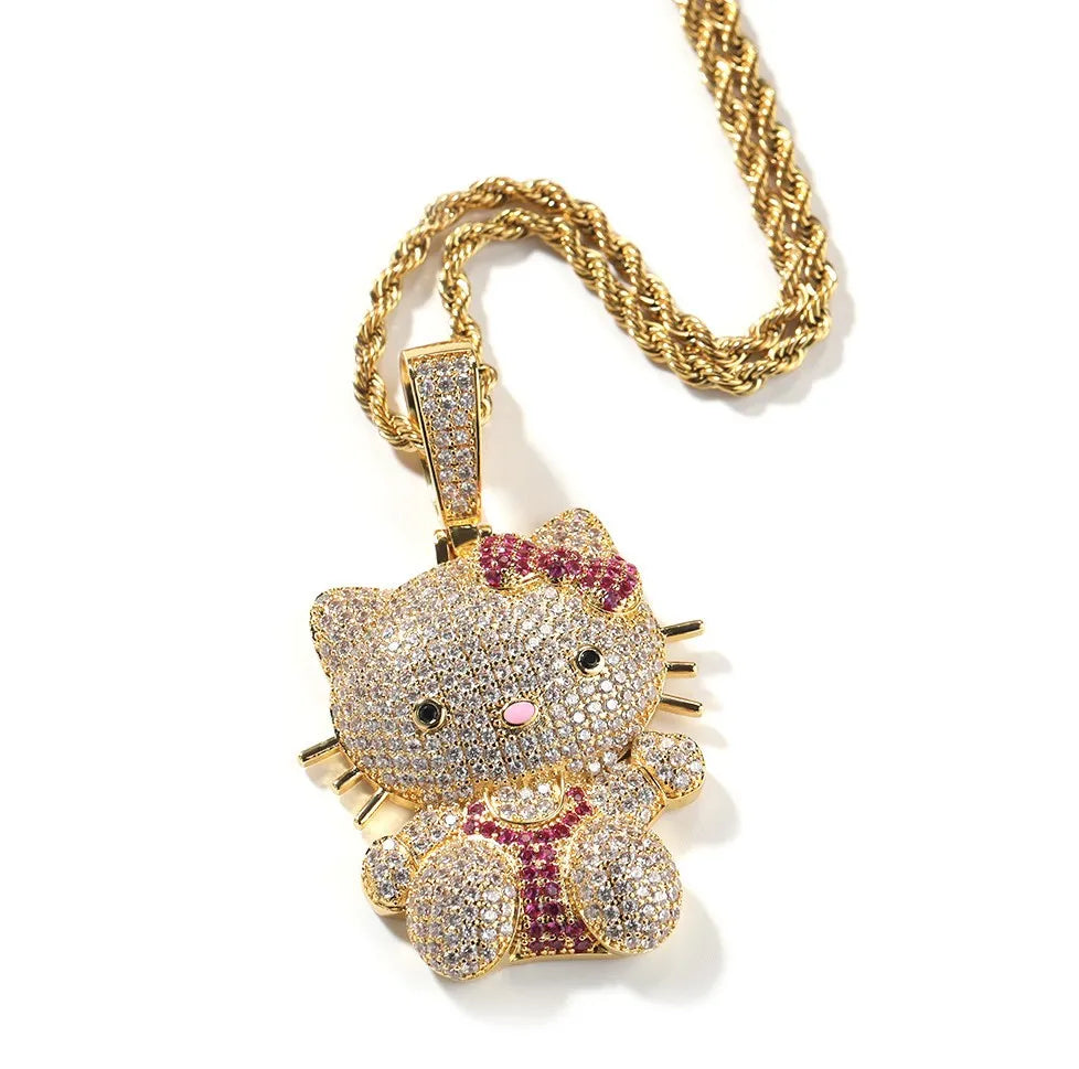 925 Sterling Silver Iced-Out VVS Moissanite Cartoon Cat Pendant | Colorful Hip-Hop Full Body Bow Charm