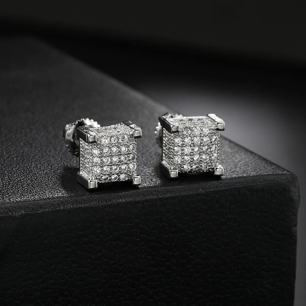 Iced Out 3D Square Cube Stud Earrings 14K White Gold Lab Grown Diamonds Hip Hop Screw Back