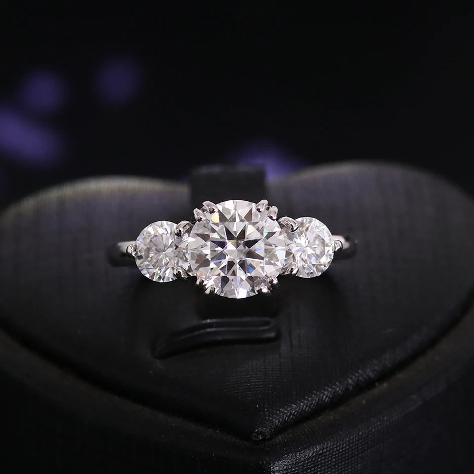 Classic Three-Stone Moissanite Engagement Ring | 925 Sterling Silver Elegant Bridal Band