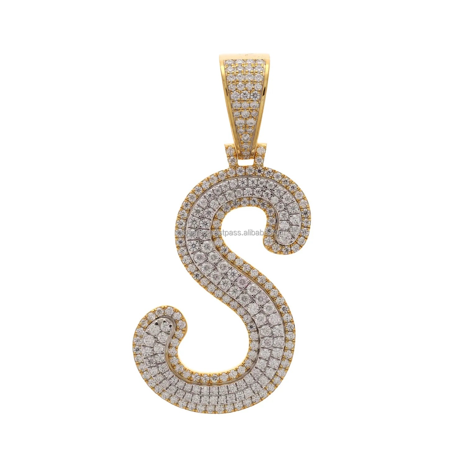 925 Sterling Silver Gold-Tone Iced-Out Lab-Grown Diamond Varsity Letter A-Z Pendant | Custom Cursive Initial Hip-Hop Charm