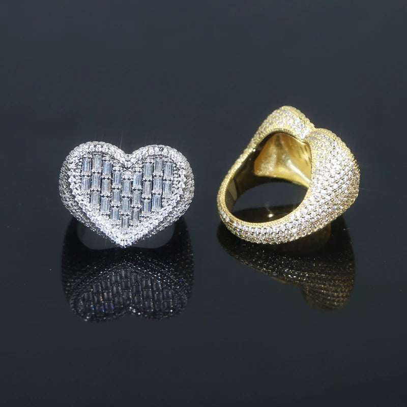 Luxury Moissanite Heart Pave Ring Collection 925 Sterling Silver Iced Out Baguette & Round Cut Statement Bands