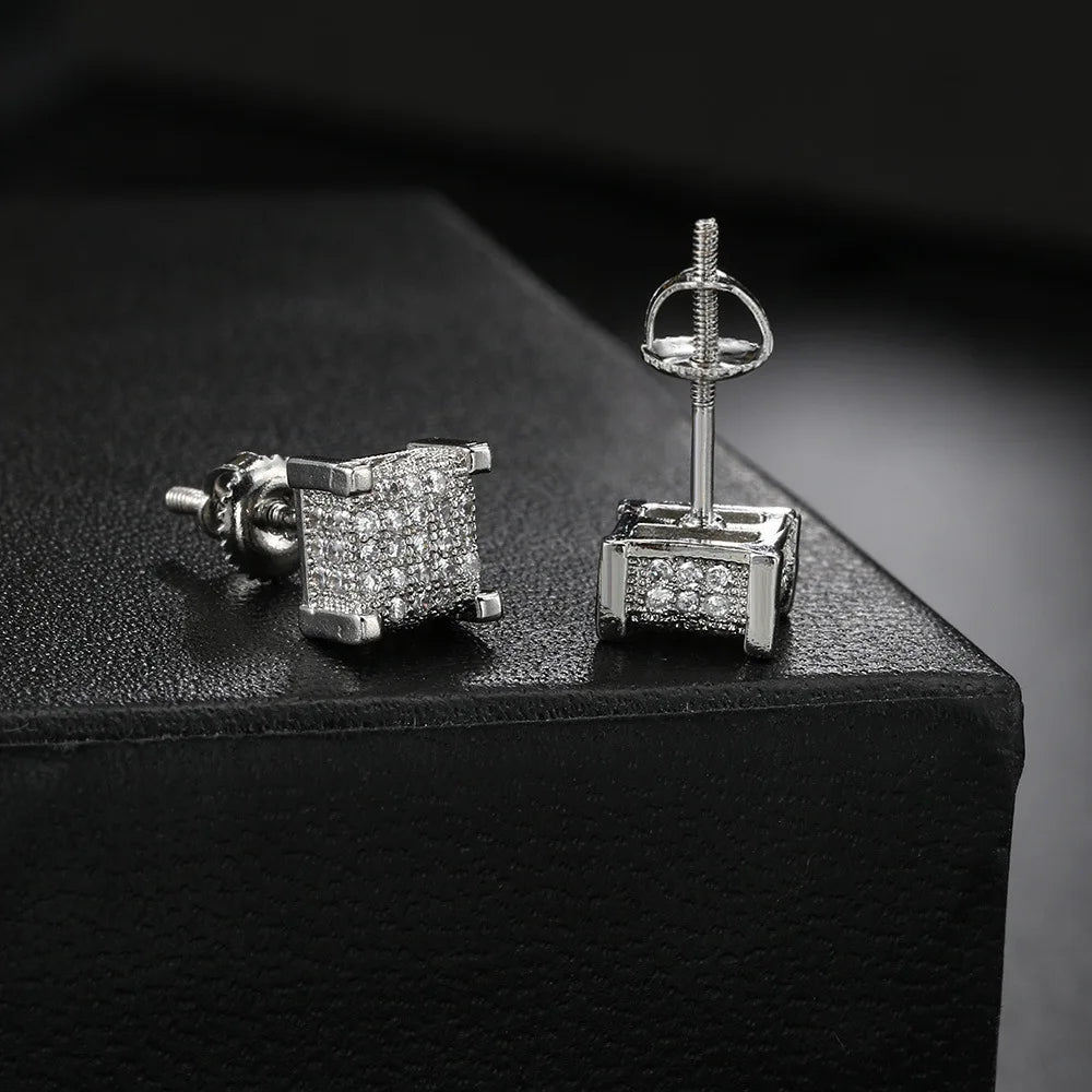 Iced Out 3D Square Cube Stud Earrings 14K White Gold Lab Grown Diamonds Hip Hop Screw Back