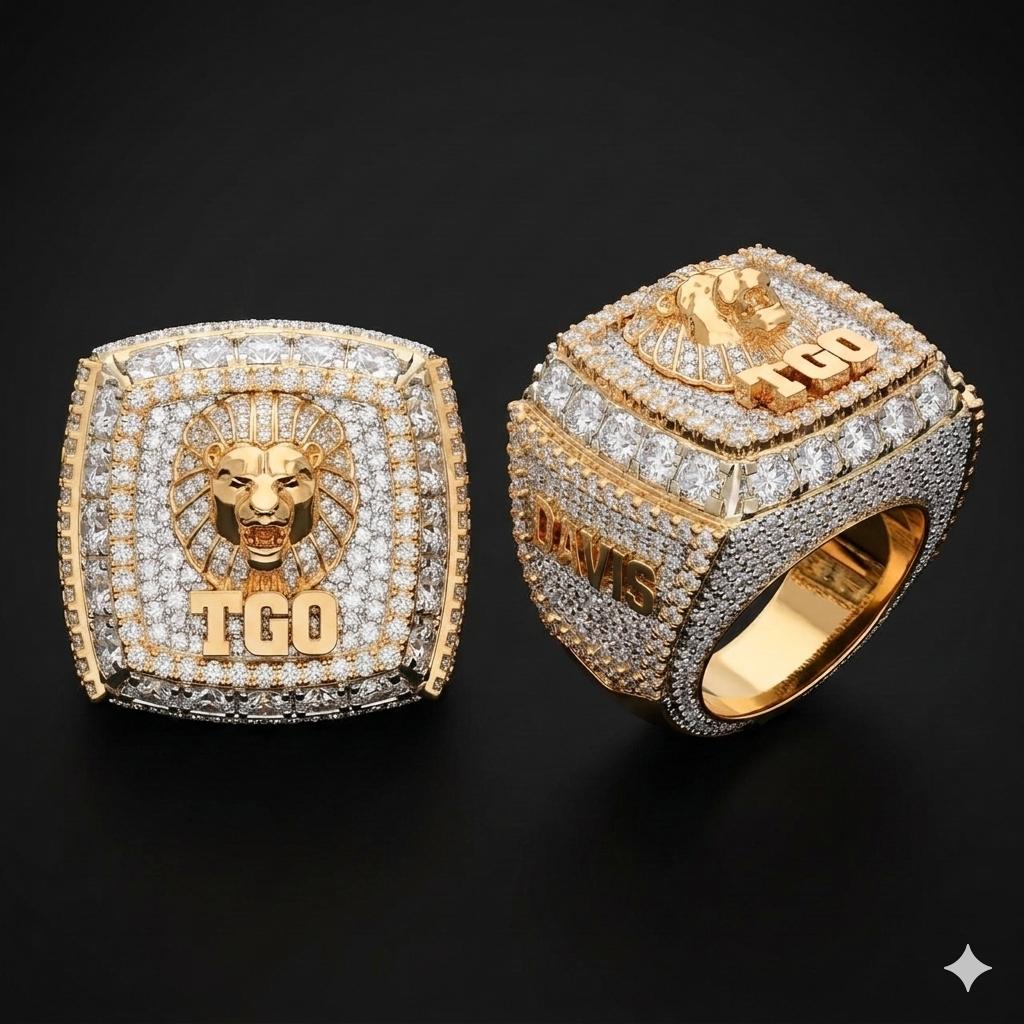Men's Iced Out "TGO" Lion Champion Ring – 925 Silver Rose Gold Plated Hip Hop Statement Ring