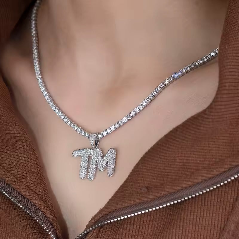 Custom TM Drip Bubble Letters Initial Pendant Set with Matching Iced Out Lab Diamond Tennis Chain 925 Silver