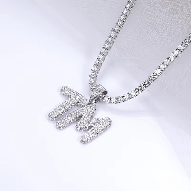 Custom TM Drip Bubble Letters Initial Pendant Set with Matching Iced Out Lab Diamond Tennis Chain 925 Silver