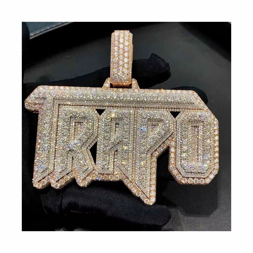 Custom TRAPO Letters Nameplate Pendant 925 Silver Rose Gold Lab Diamond Iced Out Hip Hop Charm