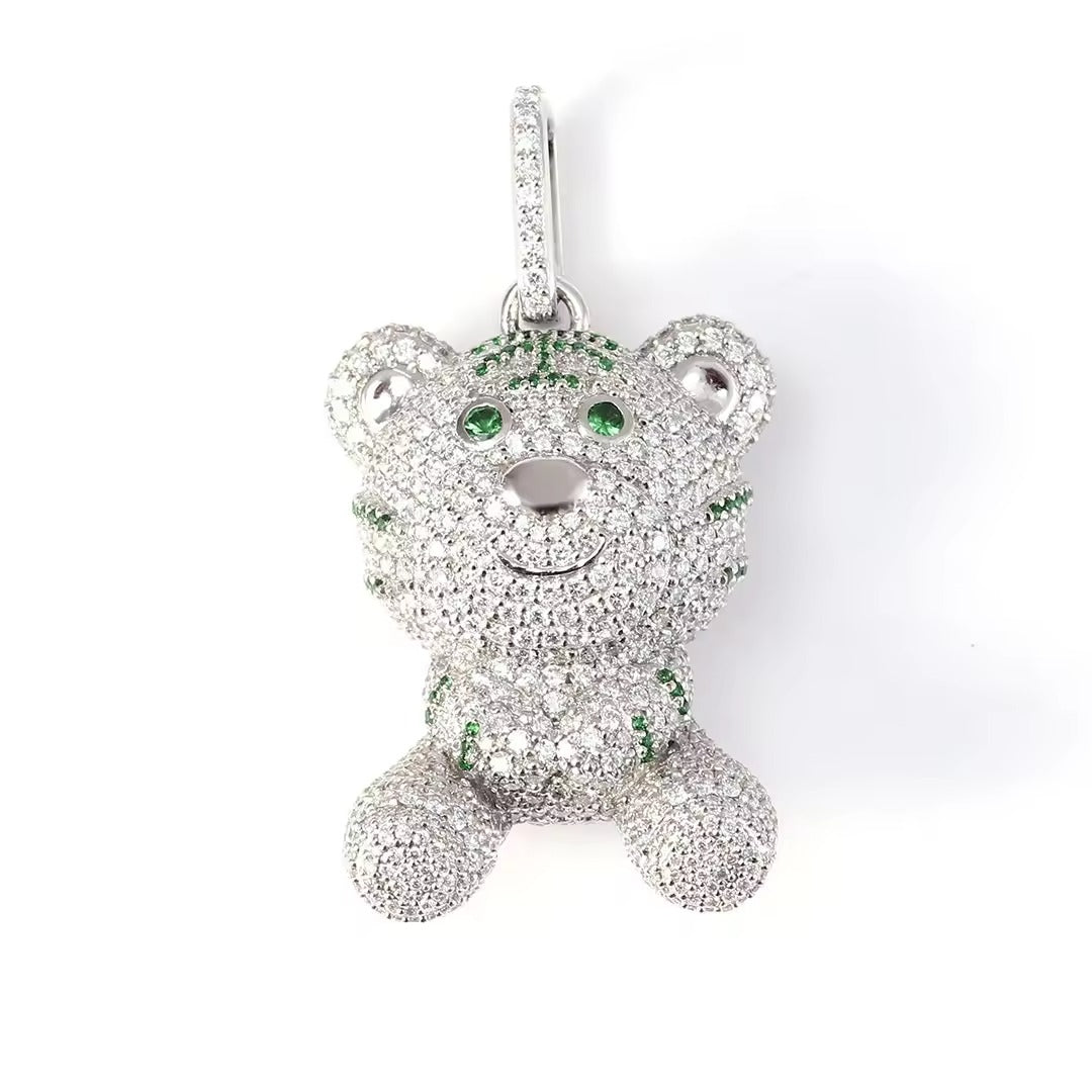Iced Out Teddy Bear Tiger Pendant 925 Silver Lab Diamond Green Accent Eyes Hip Hop Charm