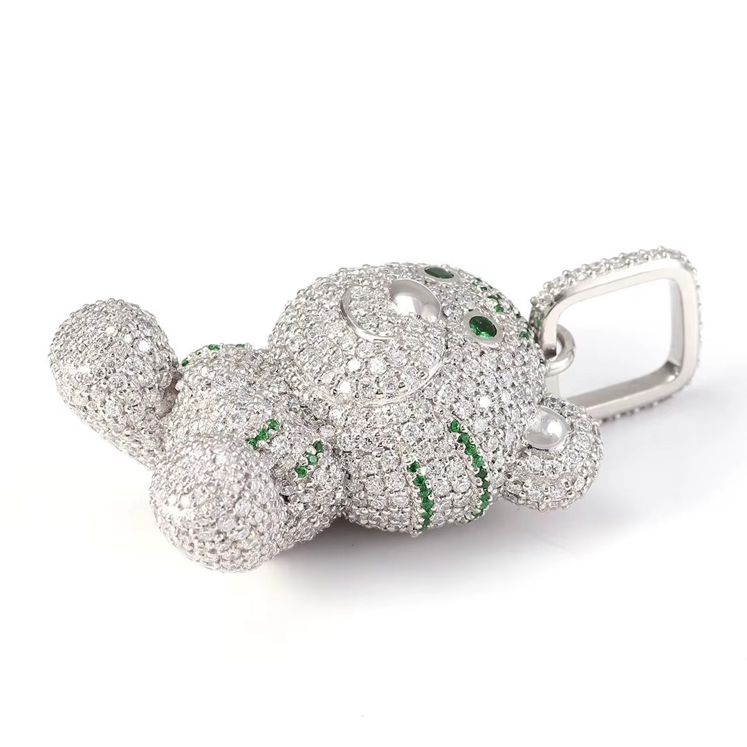 Iced Out Teddy Bear Tiger Pendant 925 Silver Lab Diamond Green Accent Eyes Hip Hop Charm