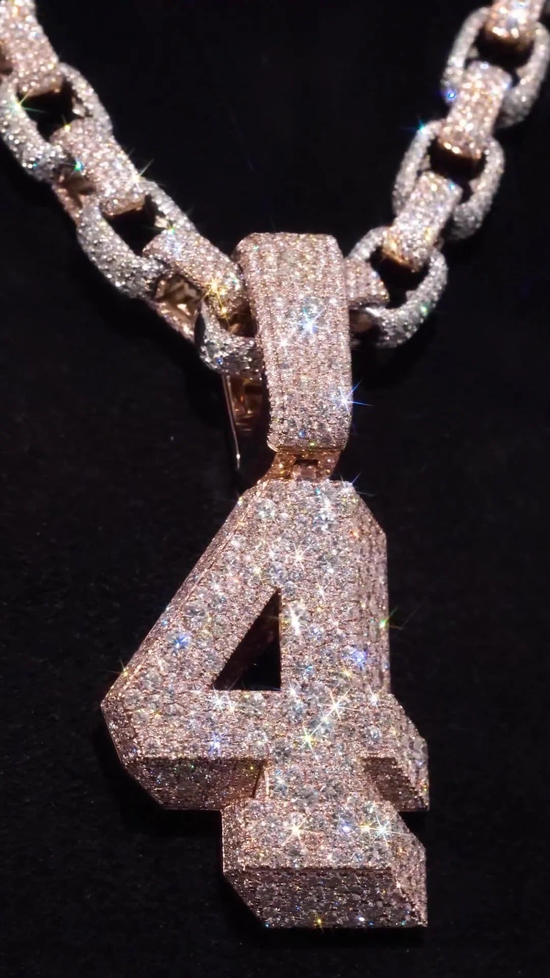 925 Silver Iced Out Chain Set with Mosaic 4 Number Pendant, 10mm Iced Out Rolo Chain