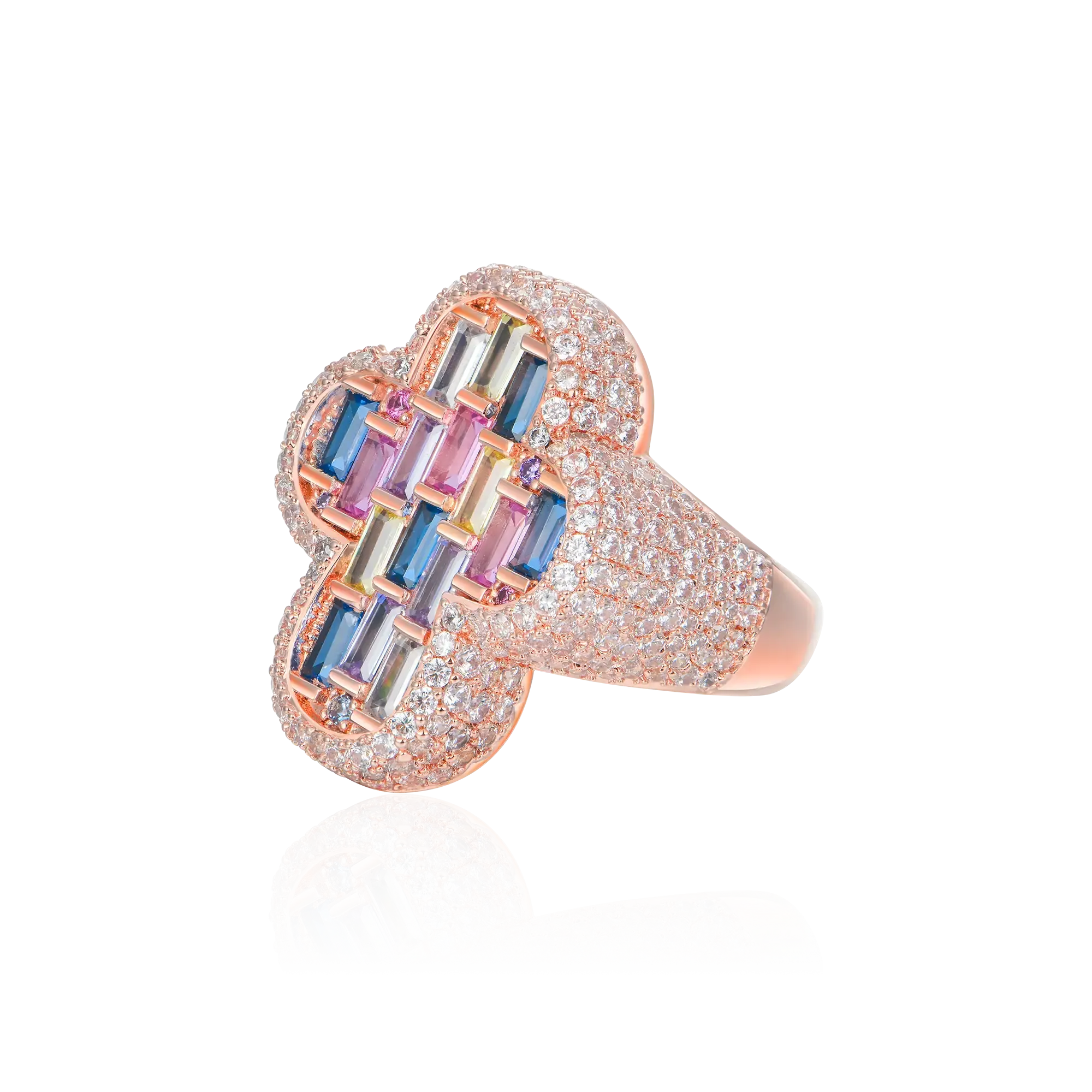 Luxury Mosaic Baguette Cluster Ring – Rose Gold Finish
