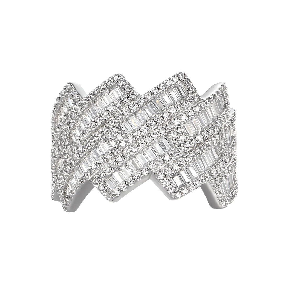 Luxury Baguette Wave Statement Ring Premium Silver Finish