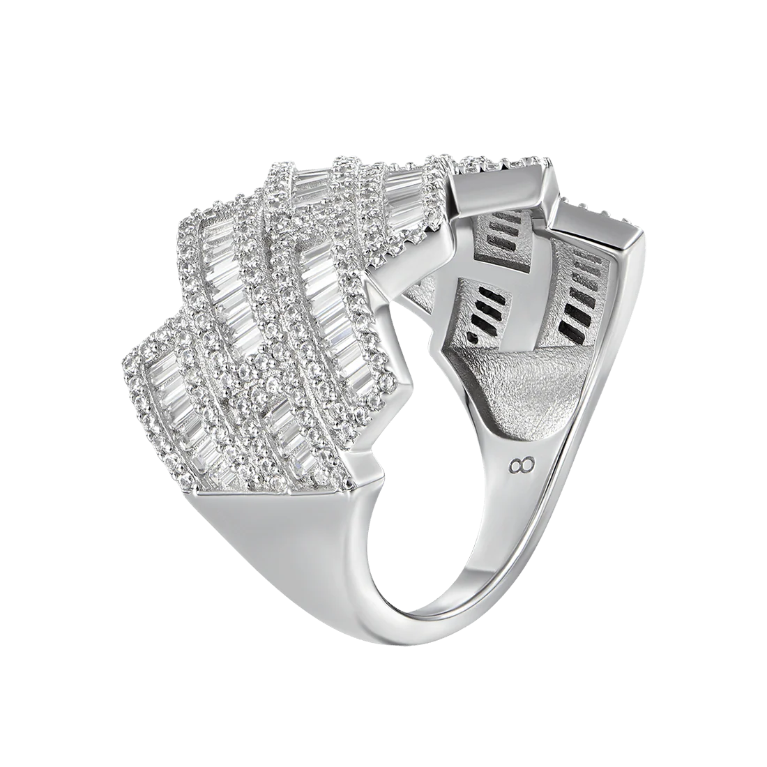 Luxury Baguette Wave Statement Ring Premium Silver Finish