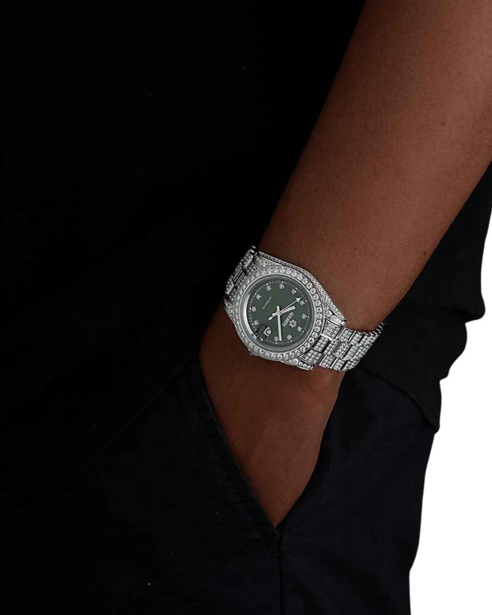41mm Silver Iced-Out VVS Moissanite Watch | Solid Stainless Steel Hip-Hop Timepiece with Sunburst Green Emerald Dial