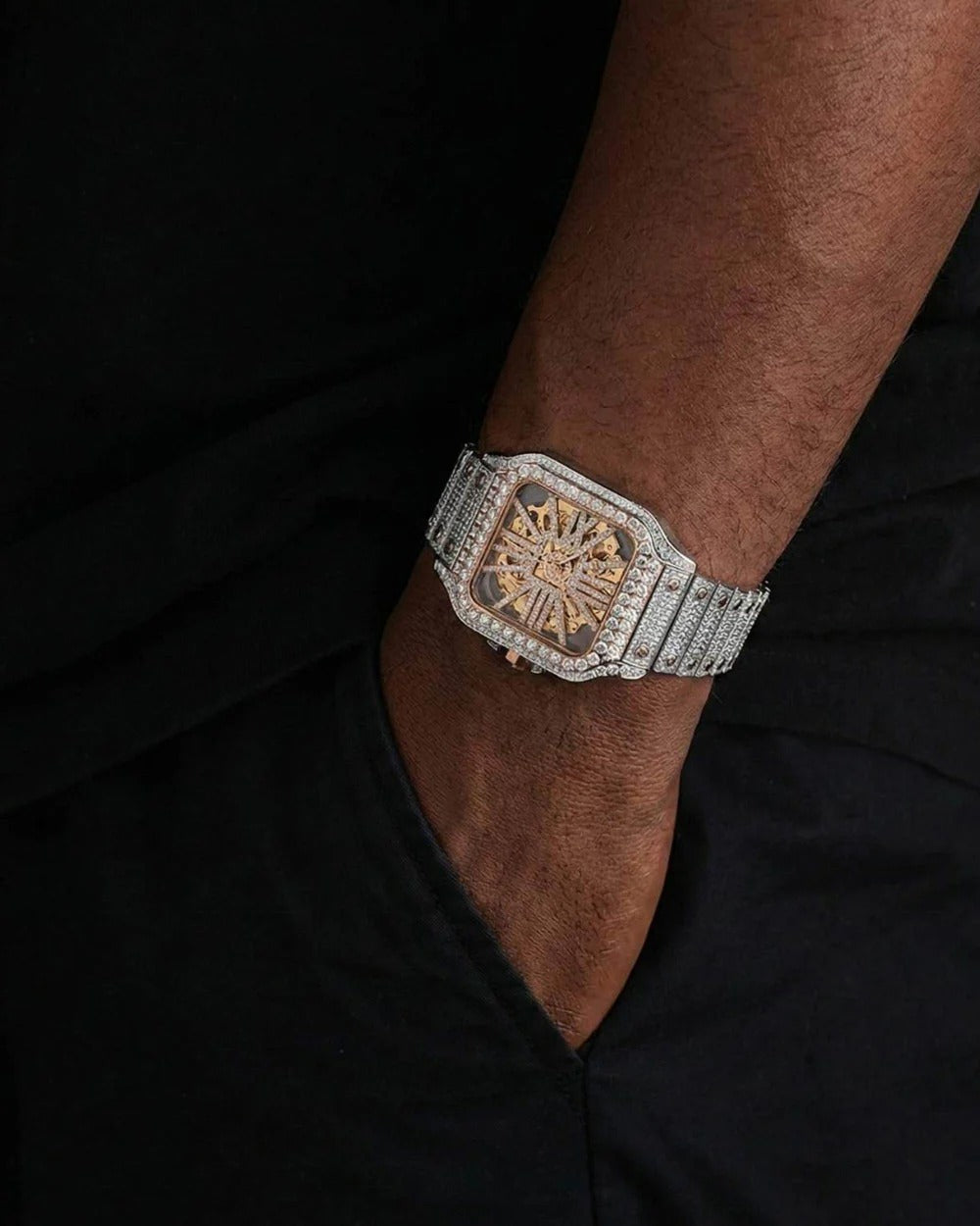 Elite 41mm Two-Tone Iced-Out VVS Moissanite Square Skeleton Watch | Rose Gold Accent Stainless Steel Hip-Hop Timepiece