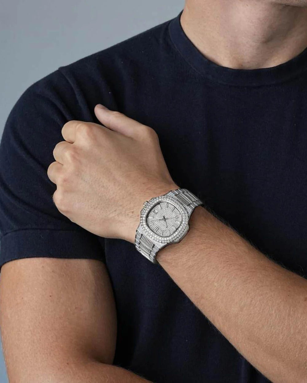 41mm Silver Iced-Out VVS Moissanite Rounded Octagonal Watch | Solid Stainless Steel Hip-Hop Timepiece