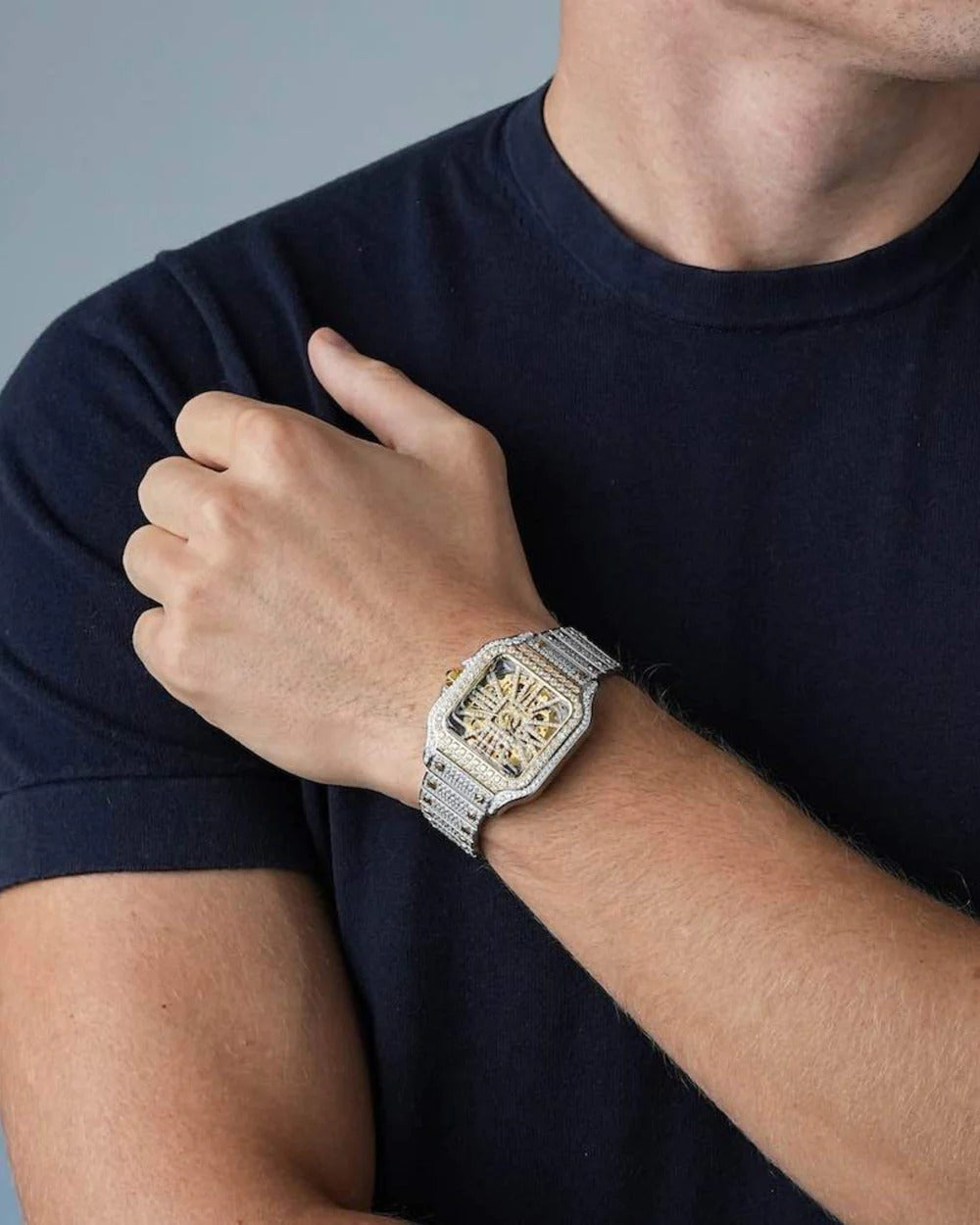 Elite 41mm Two-Tone Iced-Out VVS Moissanite Square Skeleton Watch | Yellow Gold Accent Stainless Steel Hip-Hop Timepiece