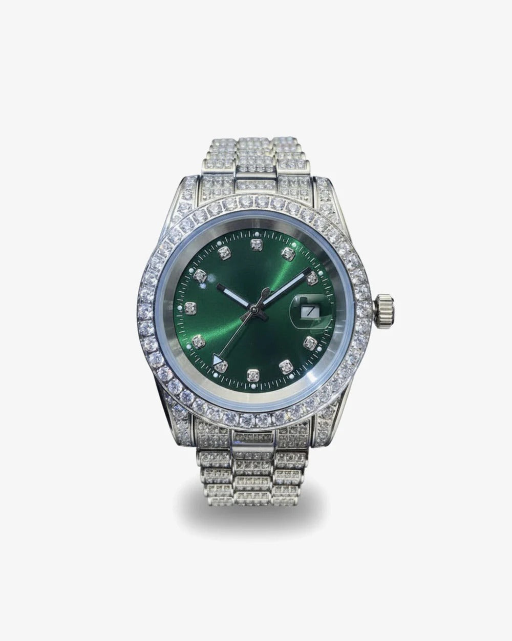 41mm Silver Iced-Out VVS Moissanite Watch | Solid Stainless Steel Hip-Hop Timepiece with Sunburst Green Emerald Dial