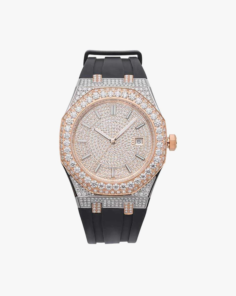 41mm Two-Tone Iced-Out VVS Moissanite Octagonal Watch | Rose Gold Accent Stainless Steel Timepiece with Black Rubber Strap